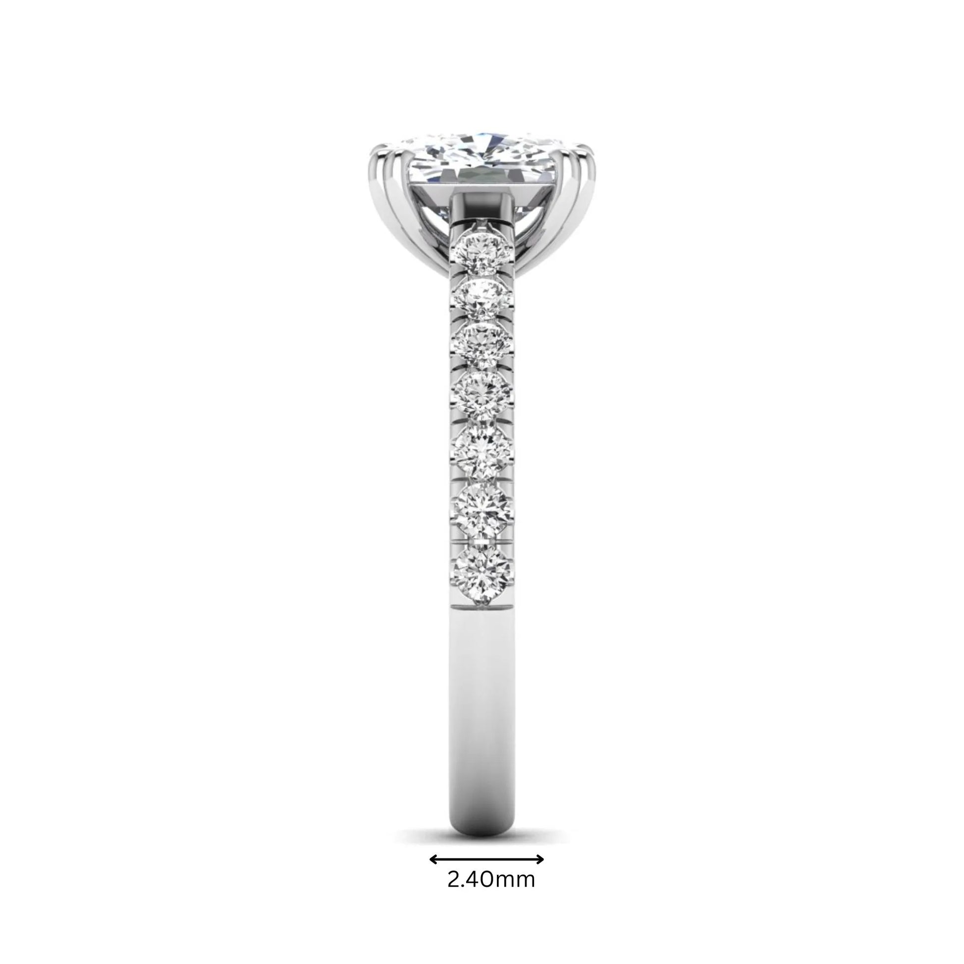 IGI certified cushion cut lab grown diamond solitaire accent engagement ring with pavé round diamond band in white gold.