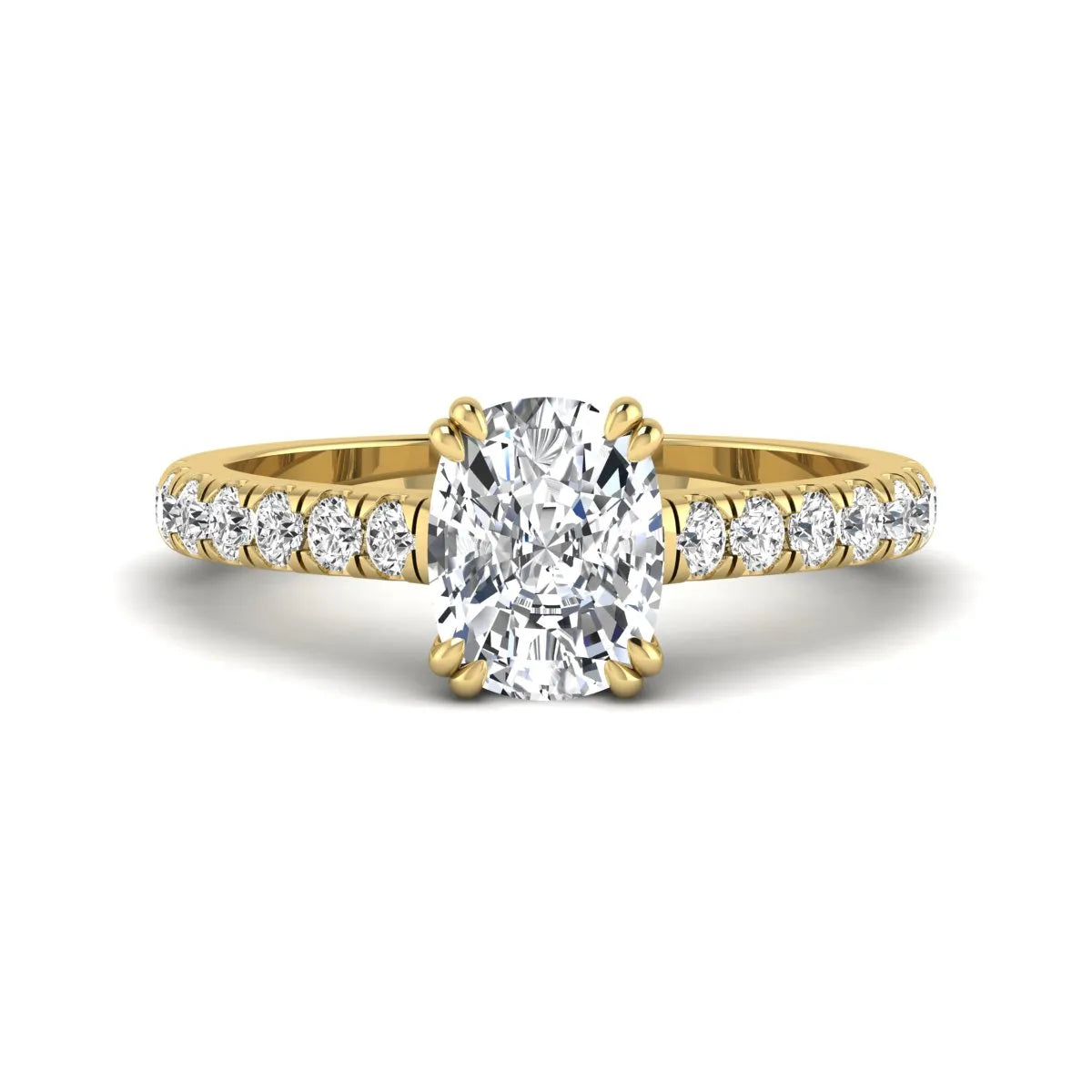 IGI certified cushion cut lab grown diamond solitaire accent engagement ring with pavé round diamond band in yellow gold.