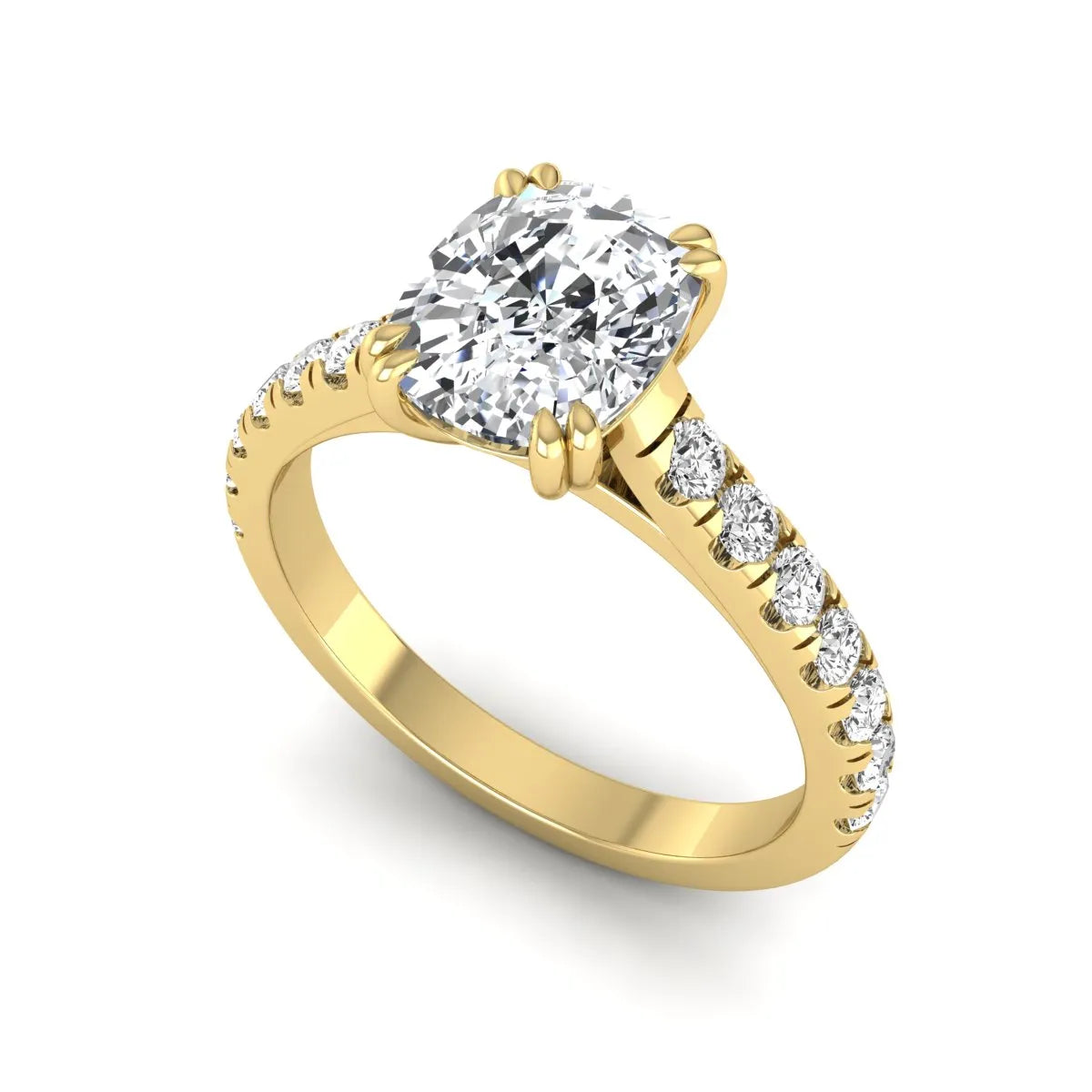 IGI certified cushion cut lab grown diamond solitaire accent engagement ring with pavé round diamond band in yellow gold.