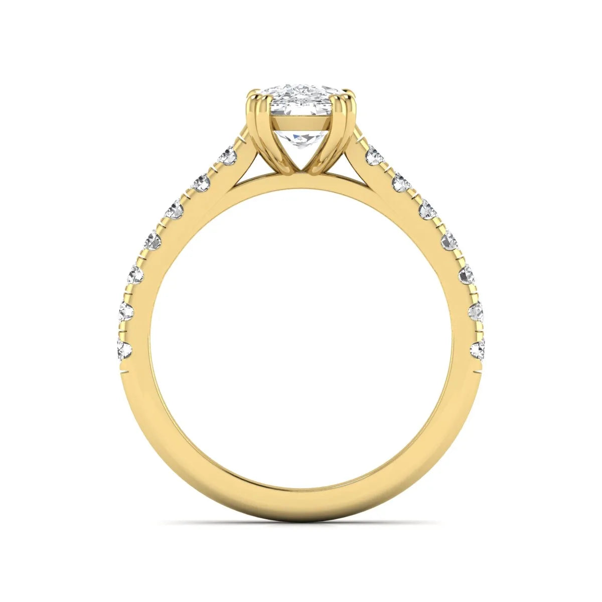 IGI certified cushion cut lab grown diamond solitaire accent engagement ring with pavé round diamond band in yellow gold.