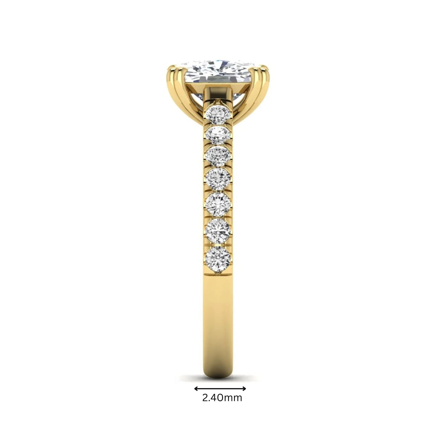 IGI certified cushion cut lab grown diamond solitaire accent engagement ring with pavé round diamond band in yellow gold.