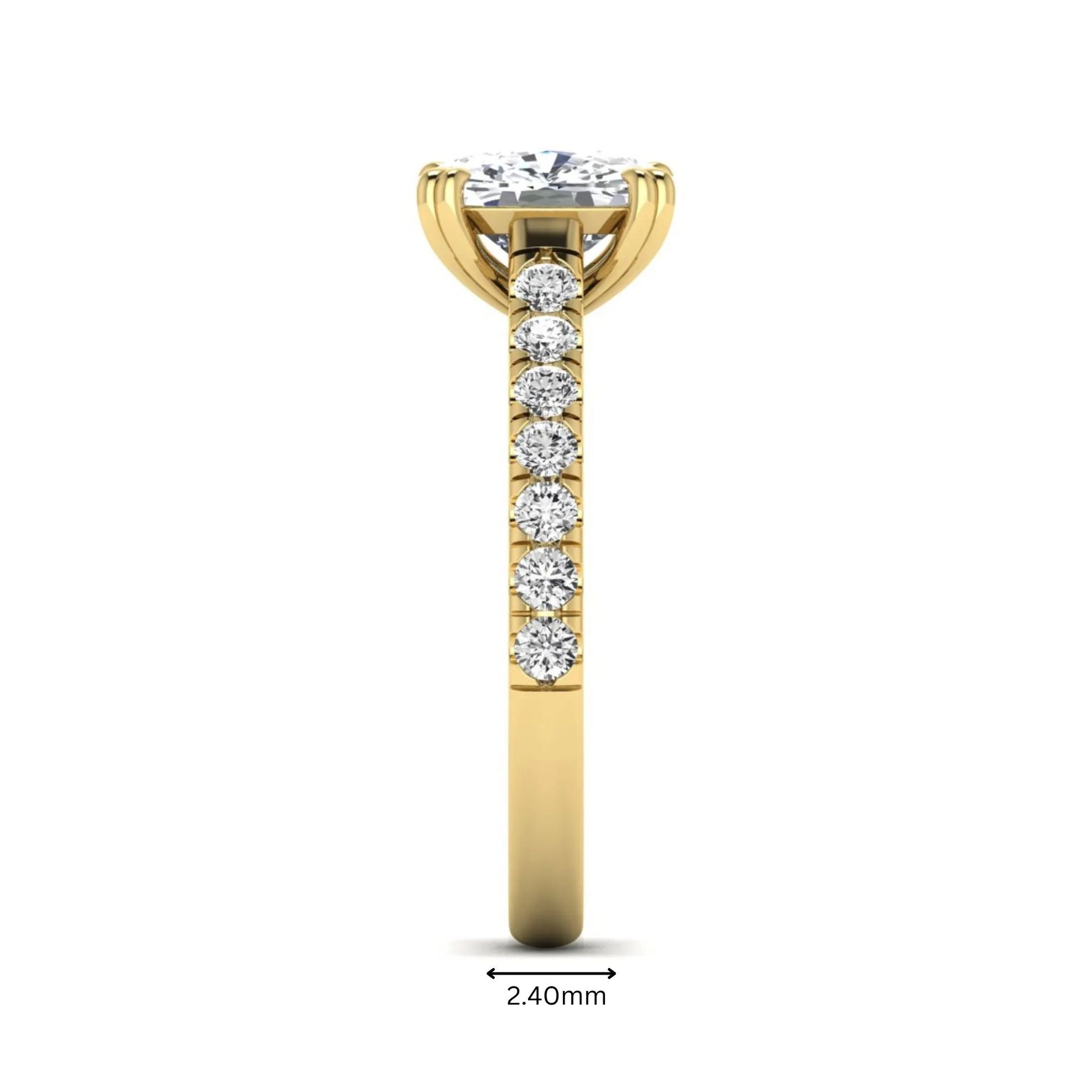 IGI certified cushion cut lab grown diamond solitaire accent engagement ring with pavé round diamond band in yellow gold.