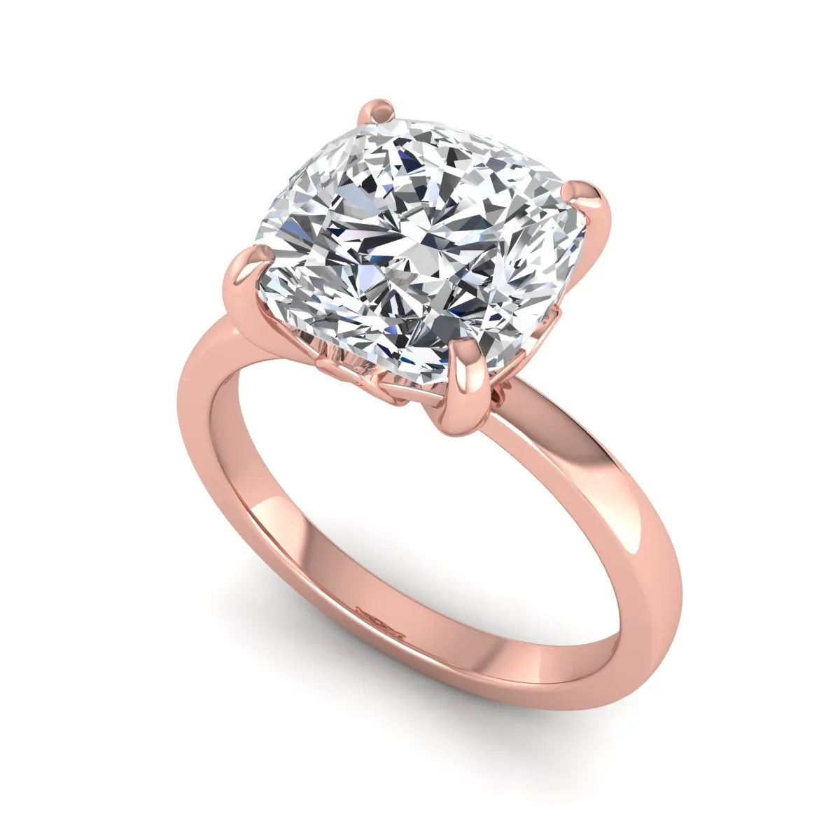 Cushion cut lab grown diamond solitaire engagement ring featuring a 3.35 carat IGI certified center diamond in rose gold.