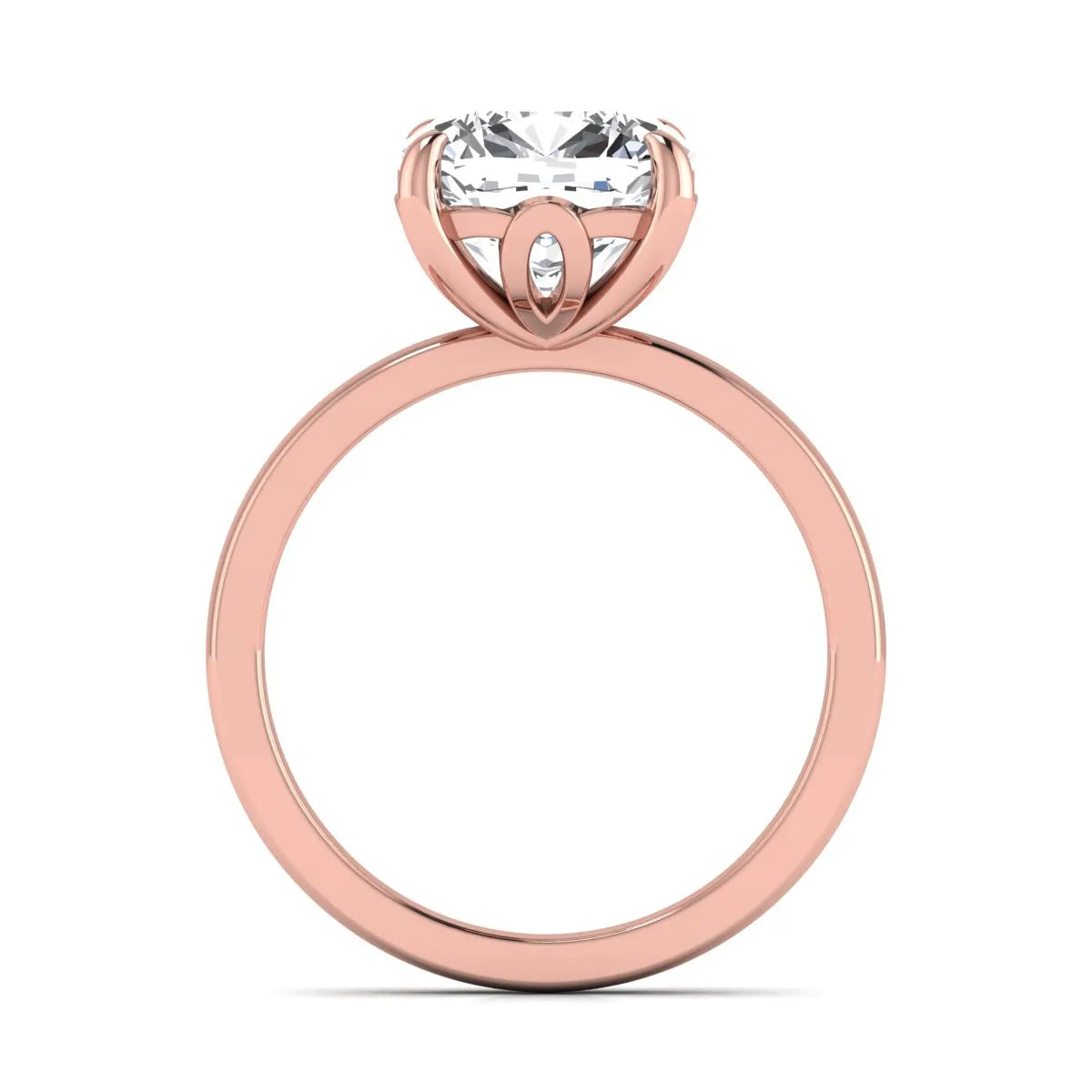 Cushion cut lab grown diamond solitaire engagement ring featuring a 3.35 carat IGI certified center diamond in rose gold.
