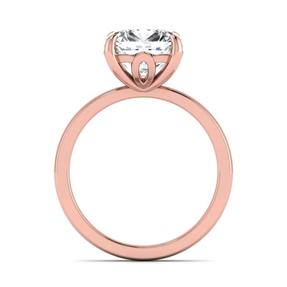 Cushion cut lab grown diamond solitaire engagement ring featuring a 3.35 carat IGI certified center diamond in rose gold.