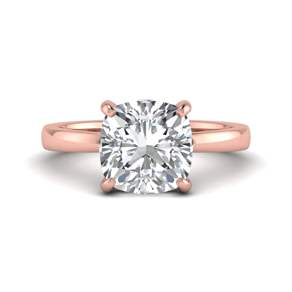 Cushion cut lab grown diamond solitaire engagement ring featuring a 3.35 carat IGI certified center diamond in rose gold.