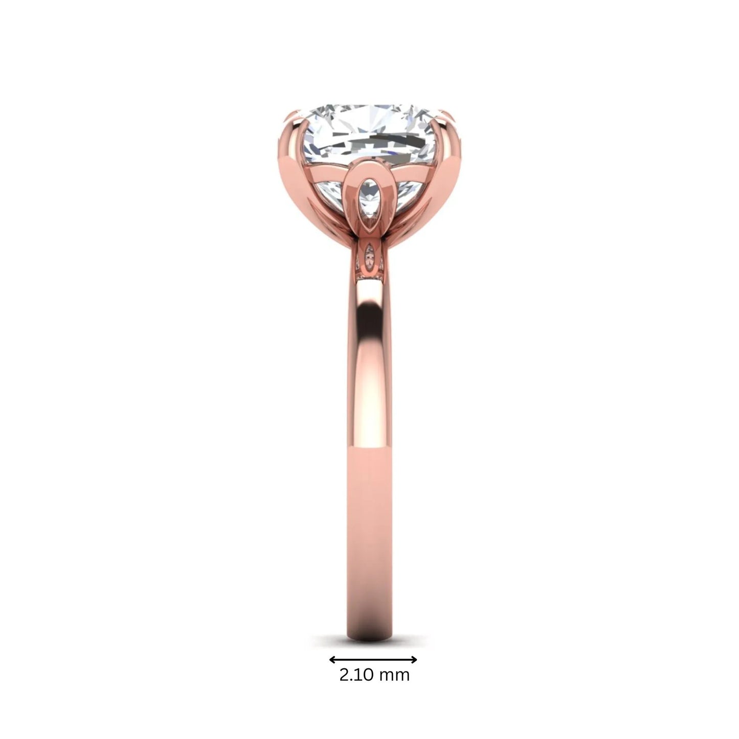 Cushion cut lab grown diamond solitaire engagement ring featuring a 3.35 carat IGI certified center diamond in rose gold.