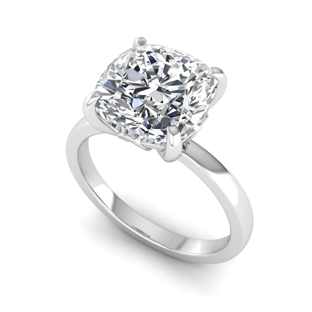 Cushion cut lab grown diamond solitaire engagement ring featuring a 3.35 carat IGI certified center diamond in white gold.