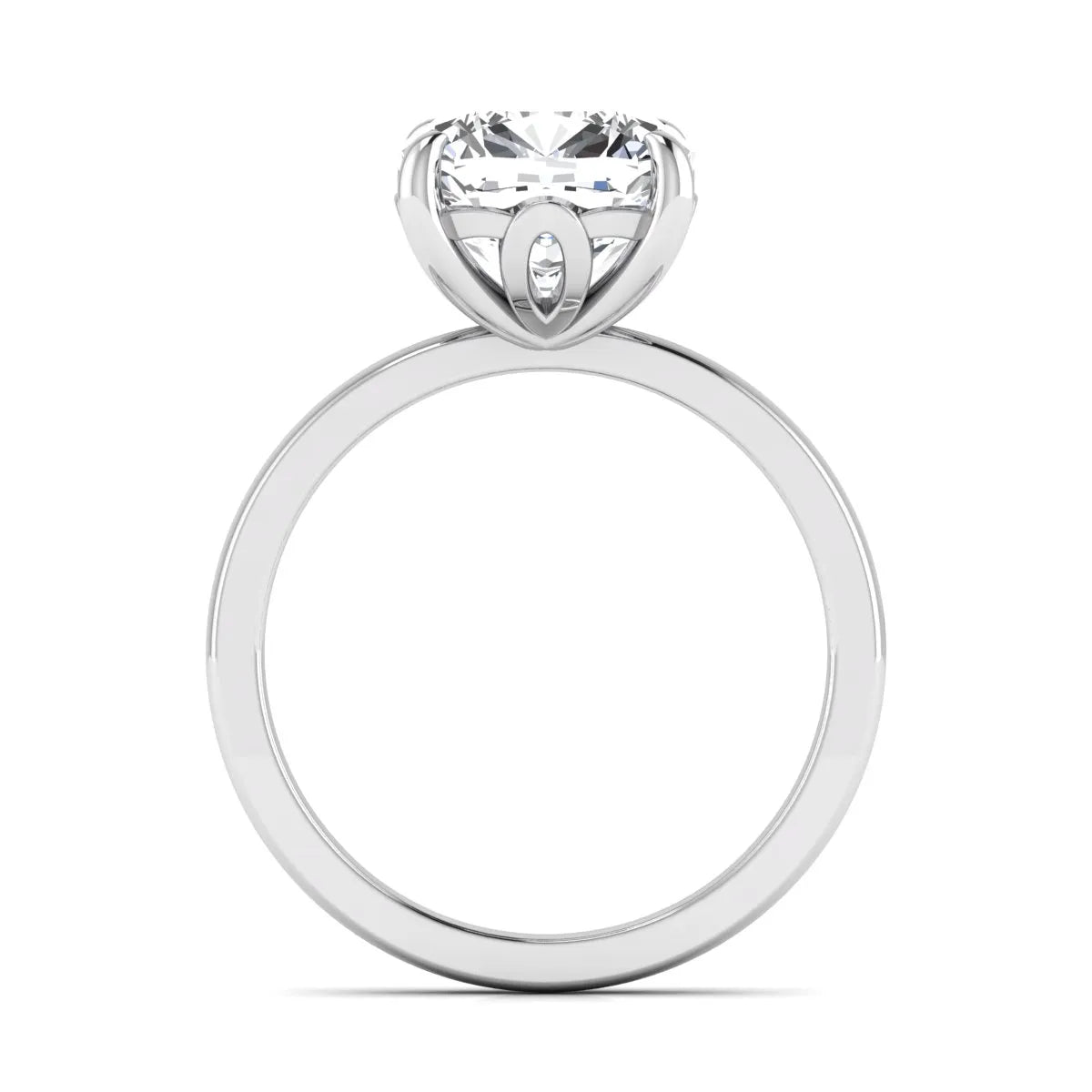 Cushion cut lab grown diamond solitaire engagement ring featuring a 3.35 carat IGI certified center diamond in white gold.