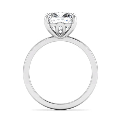 Cushion cut lab grown diamond solitaire engagement ring featuring a 3.35 carat IGI certified center diamond in white gold.