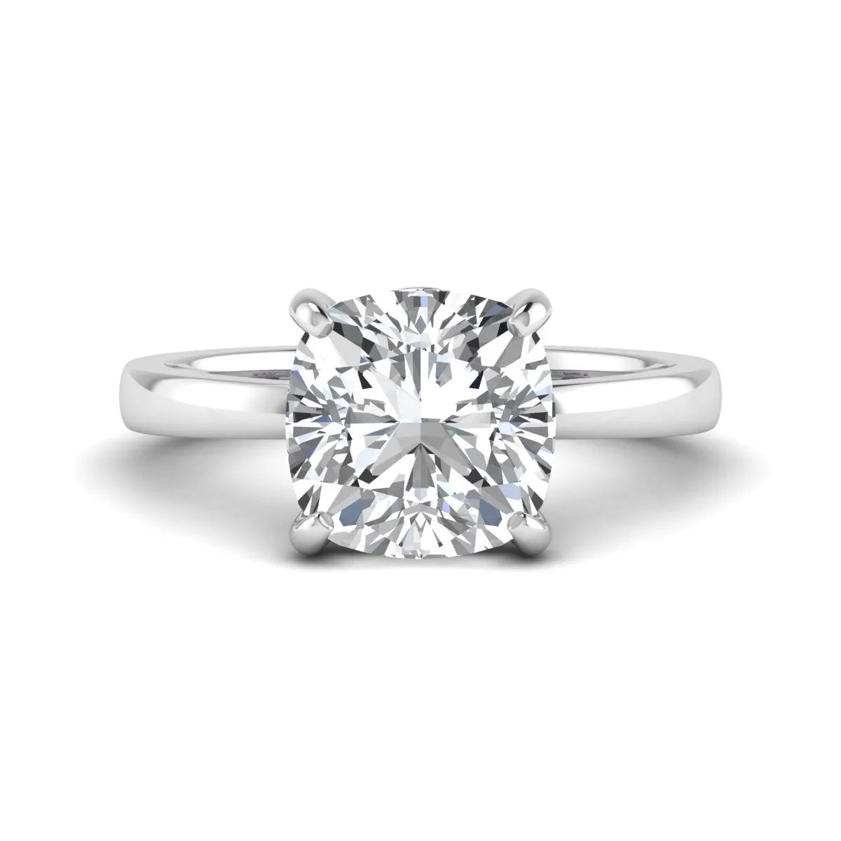 Cushion cut lab grown diamond solitaire engagement ring featuring a 3.35 carat IGI certified center diamond in white gold.