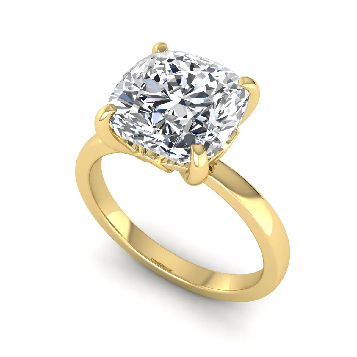 Cushion cut lab grown diamond solitaire engagement ring featuring a 3.35 carat IGI certified center diamond in yellow gold.