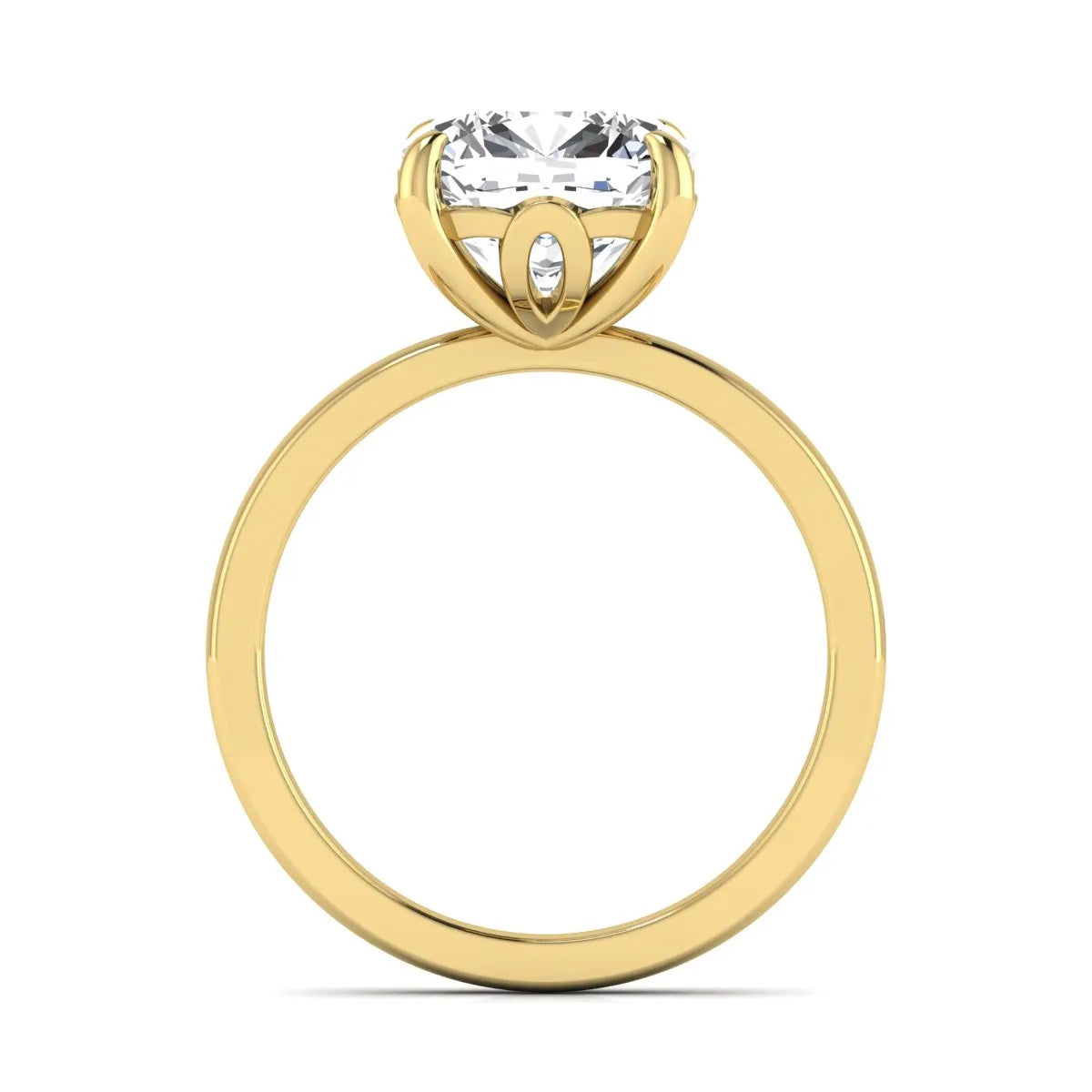 Cushion cut lab grown diamond solitaire engagement ring featuring a 3.35 carat IGI certified center diamond in yellow gold.