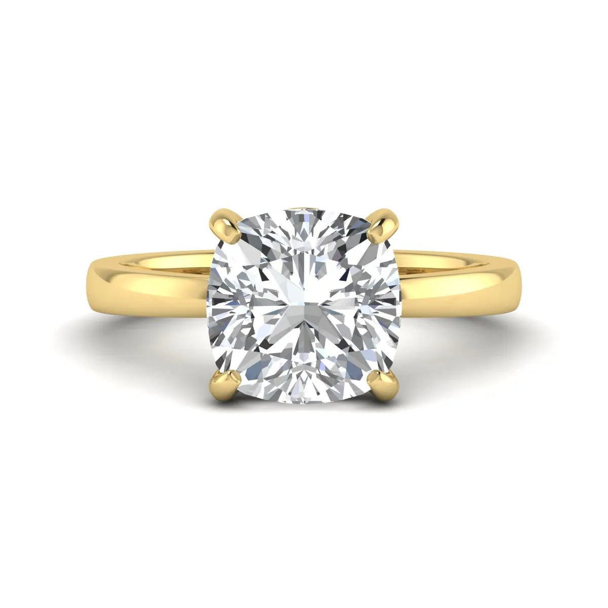 Cushion cut lab grown diamond solitaire engagement ring featuring a 3.35 carat IGI certified center diamond in yellow gold.