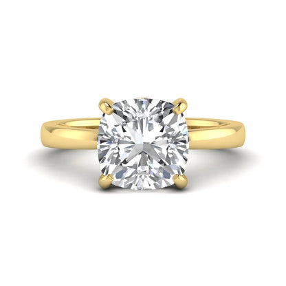 Cushion cut lab grown diamond solitaire engagement ring featuring a 3.35 carat IGI certified center diamond in yellow gold.