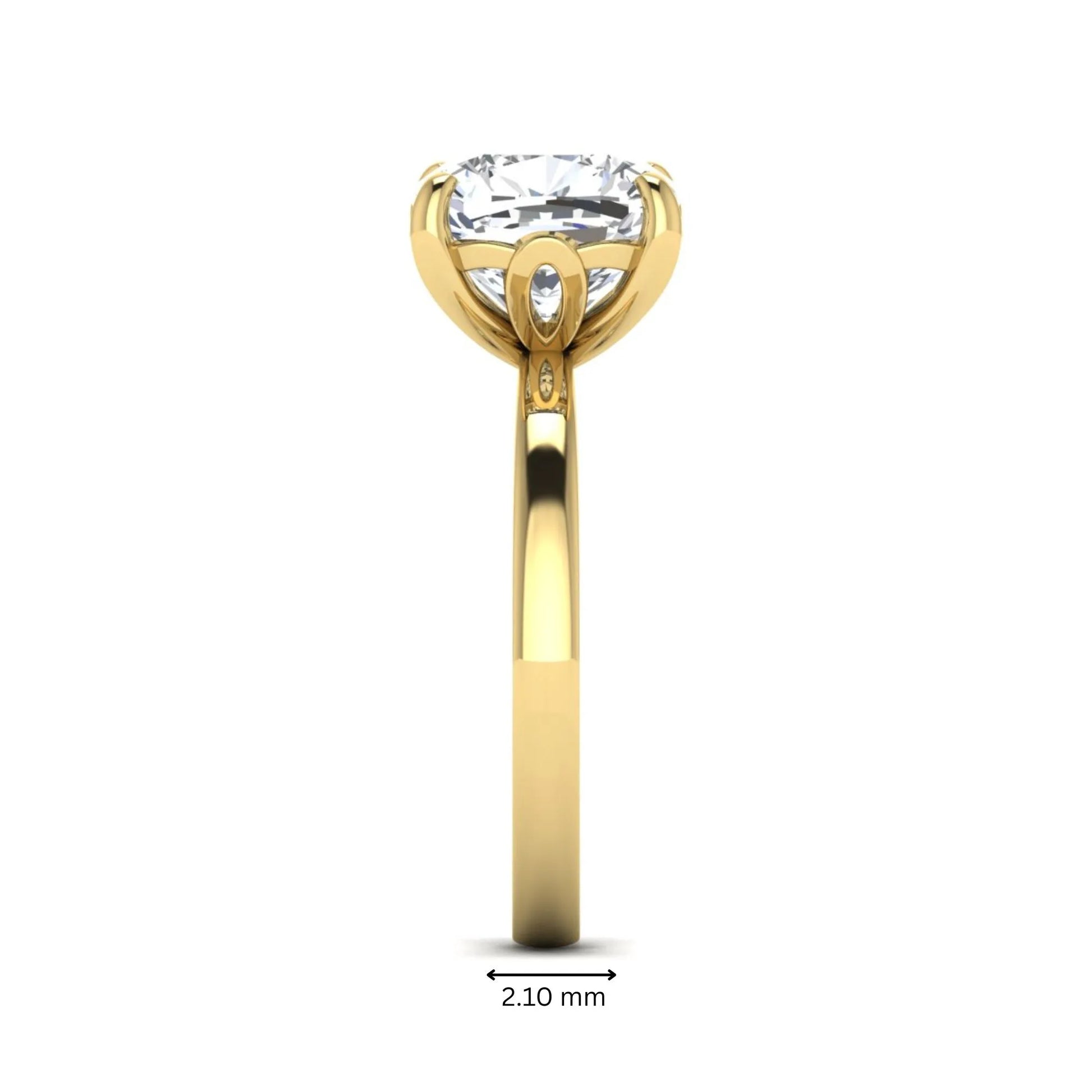 Cushion cut lab grown diamond solitaire engagement ring featuring a 3.35 carat IGI certified center diamond in yellow gold.