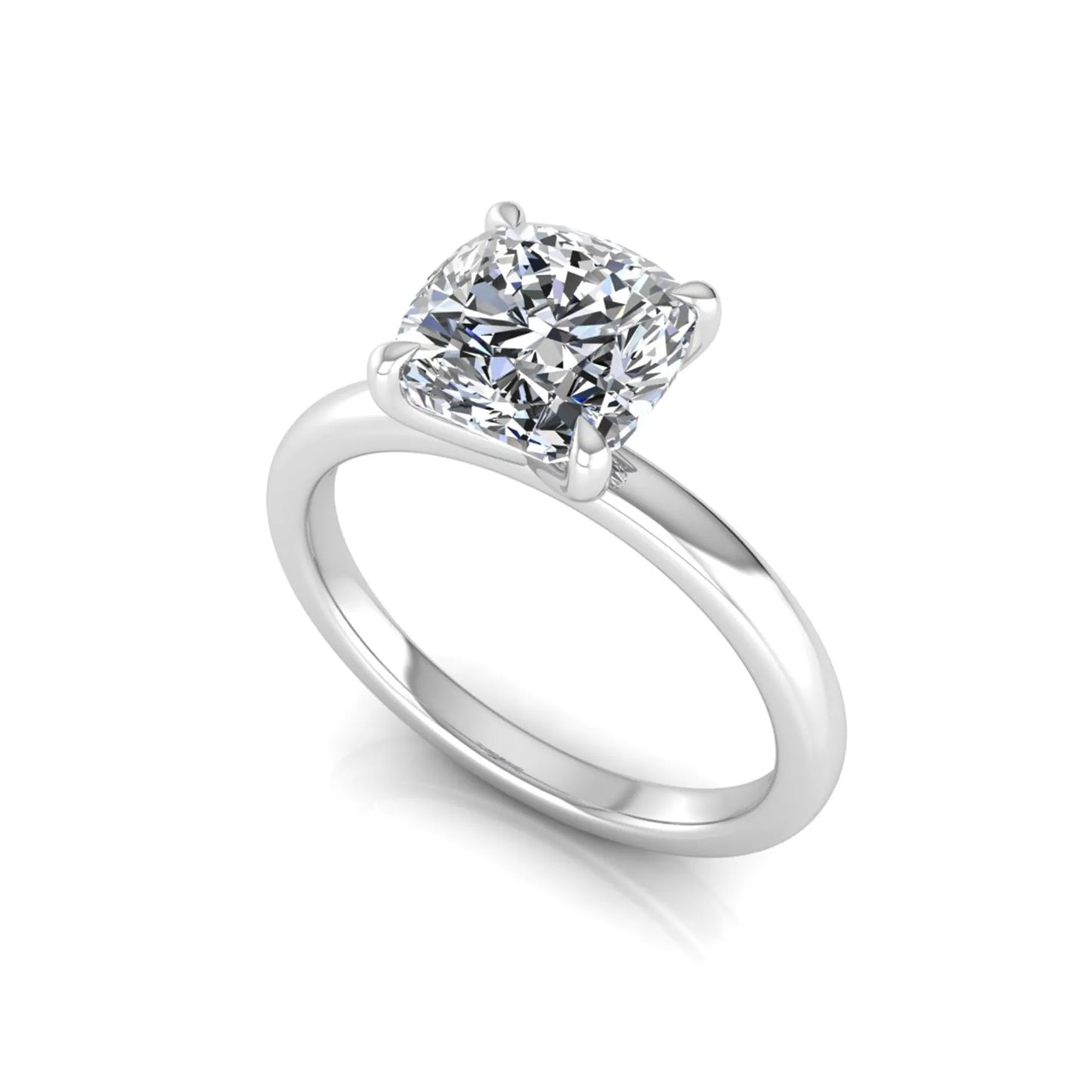 Cushion cut lab grown diamond solitaire engagement ring featuring a 1.28 carat IGI certified center diamond in a classic four-prong setting in white gold