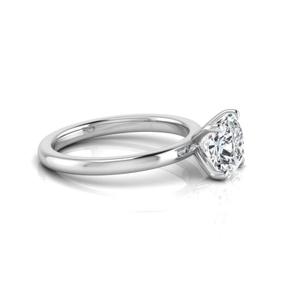 Cushion cut lab grown diamond solitaire engagement ring featuring a 1.28 carat IGI certified center diamond in a classic four-prong setting in white gold
