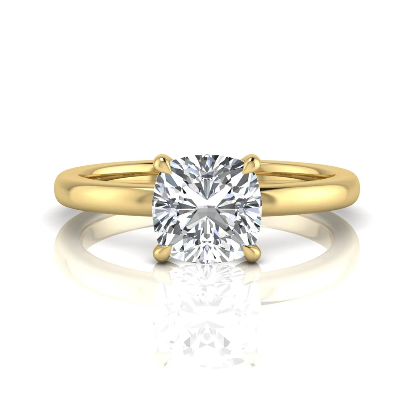 Cushion cut lab grown diamond solitaire engagement ring featuring a 1.28 carat IGI certified center diamond in a classic four-prong setting in yellow gold