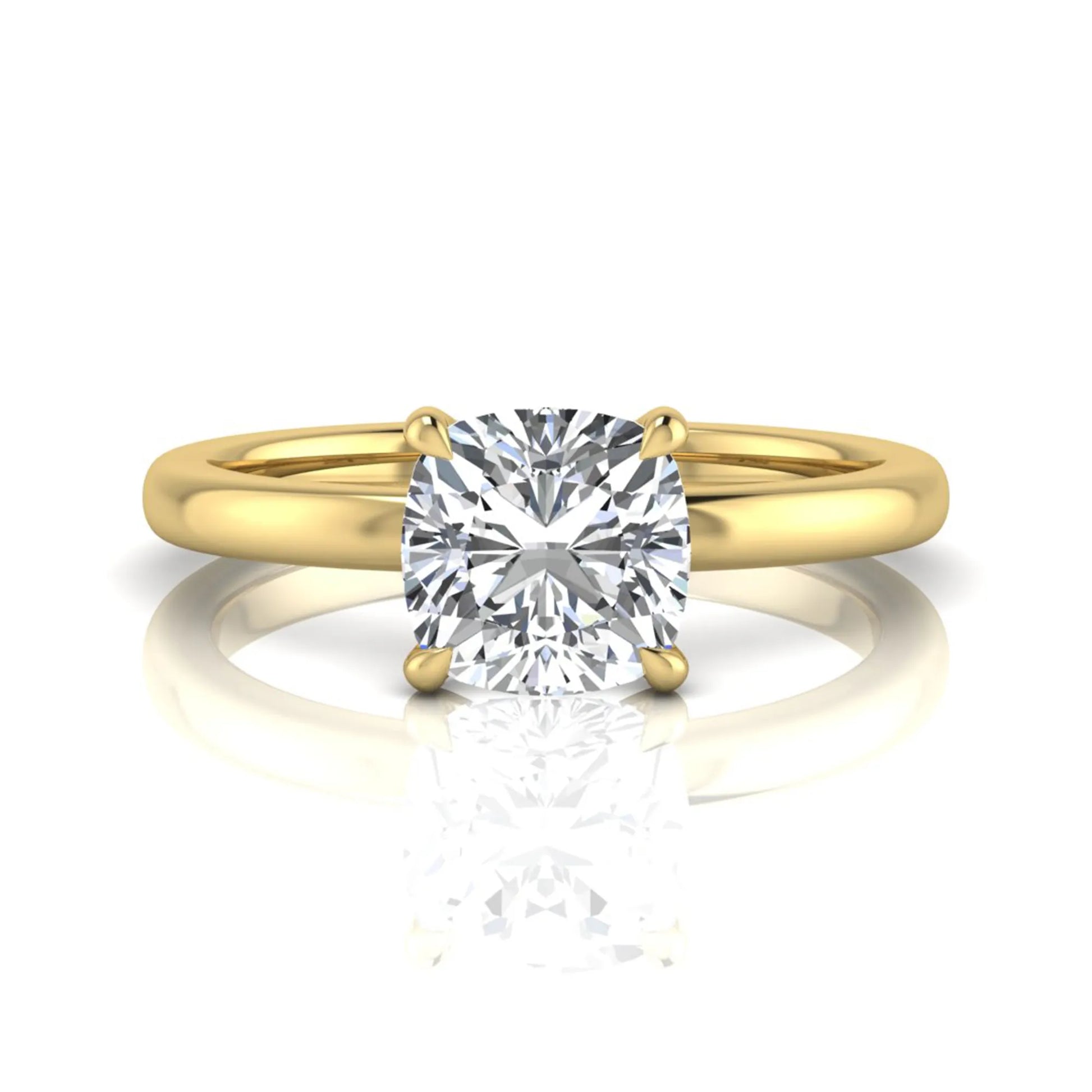 Cushion cut lab grown diamond solitaire engagement ring featuring a 1.28 carat IGI certified center diamond in a classic four-prong setting in yellow gold