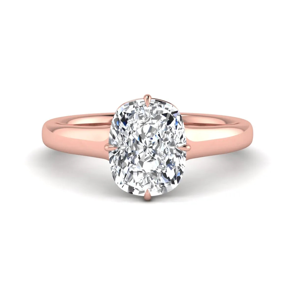 IGI certified cushion cut lab grown diamond solitaire engagement ring with hidden halo in rose gold.