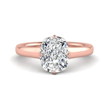 IGI certified cushion cut lab grown diamond solitaire engagement ring with hidden halo in rose gold.
