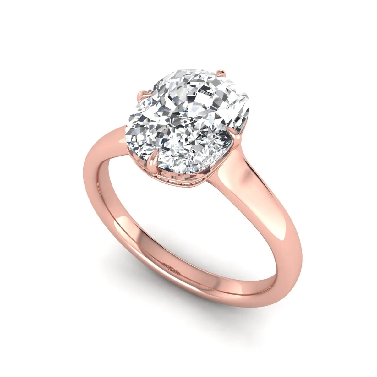 IGI certified cushion cut lab grown diamond solitaire engagement ring with hidden halo in rose gold.