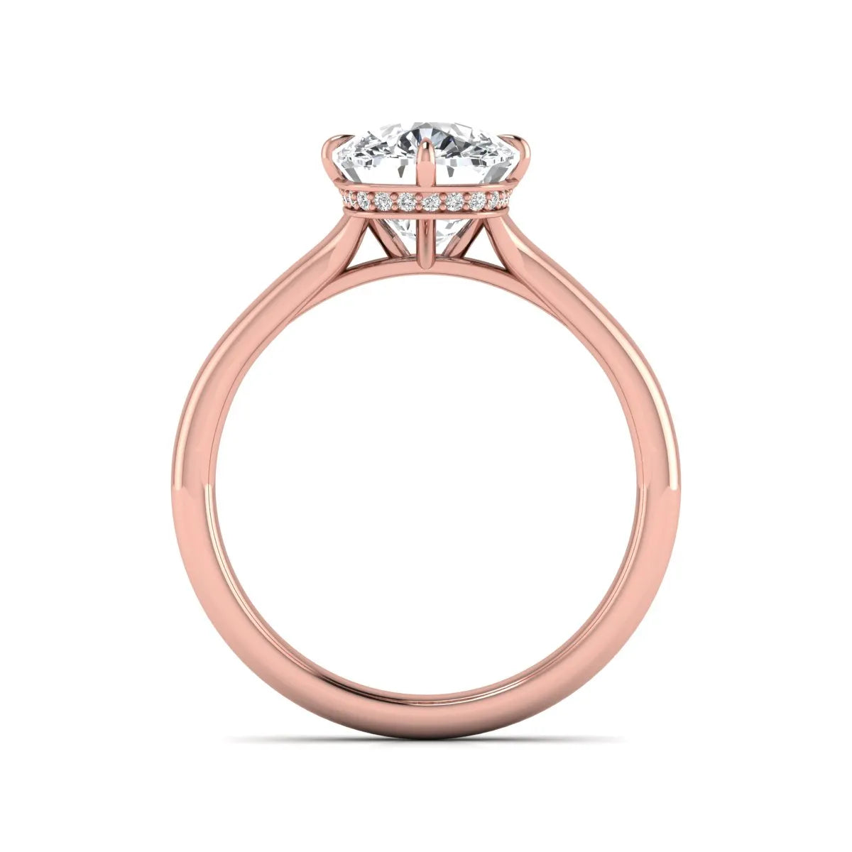 IGI certified cushion cut lab grown diamond solitaire engagement ring with hidden halo in rose gold.
