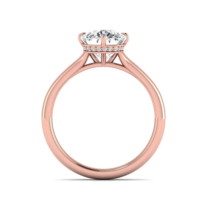IGI certified cushion cut lab grown diamond solitaire engagement ring with hidden halo in rose gold.