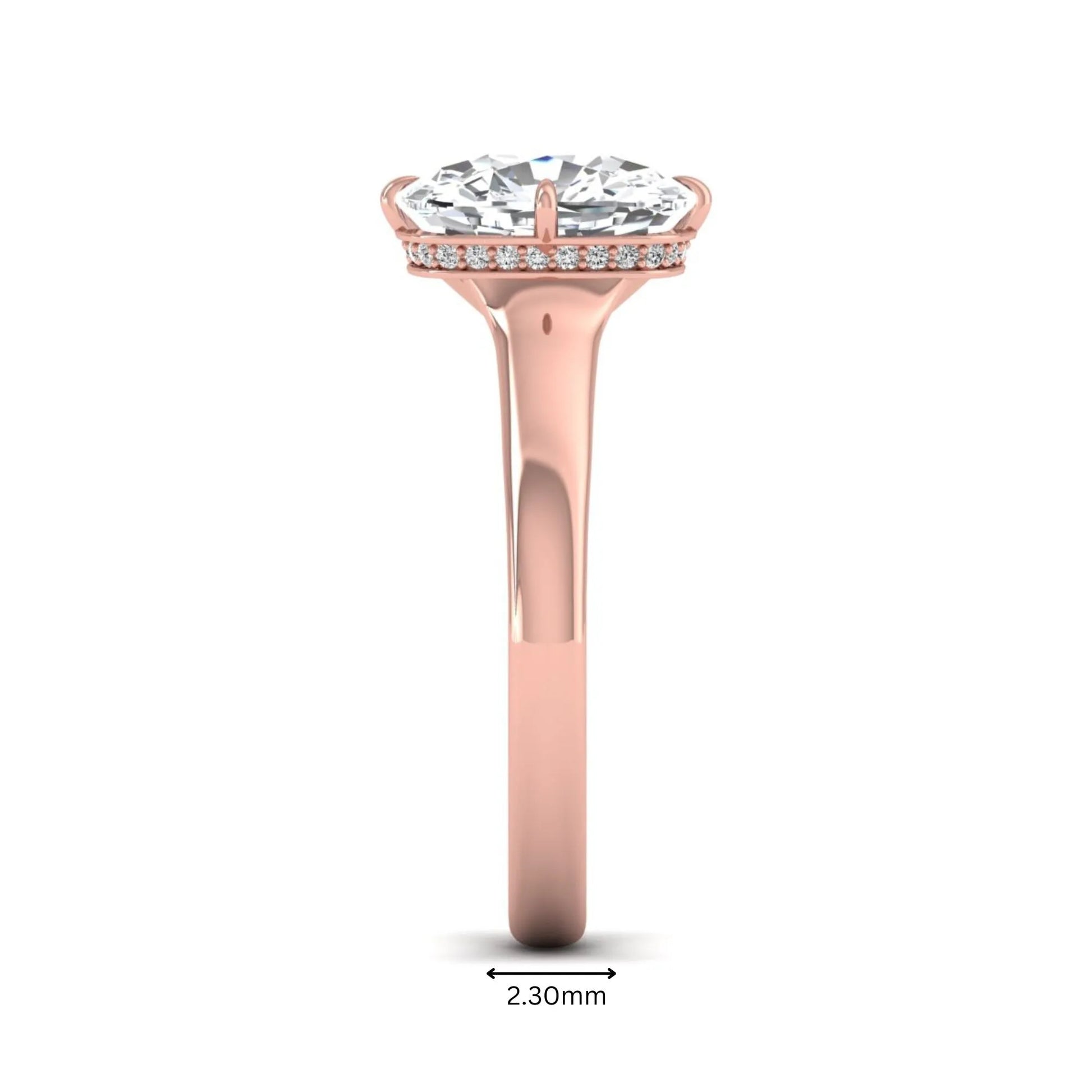 IGI certified cushion cut lab grown diamond solitaire engagement ring with hidden halo in rose gold.