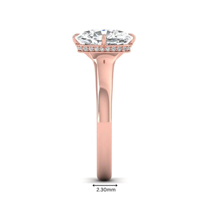 IGI certified cushion cut lab grown diamond solitaire engagement ring with hidden halo in rose gold.