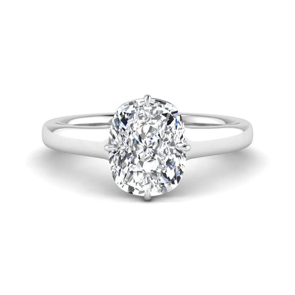IGI certified cushion cut lab grown diamond solitaire engagement ring with hidden halo in white gold.