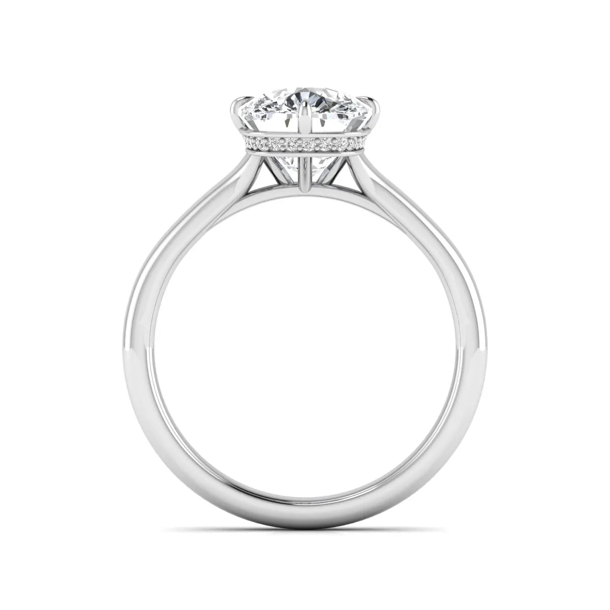 IGI certified cushion cut lab grown diamond solitaire engagement ring with hidden halo in white gold.