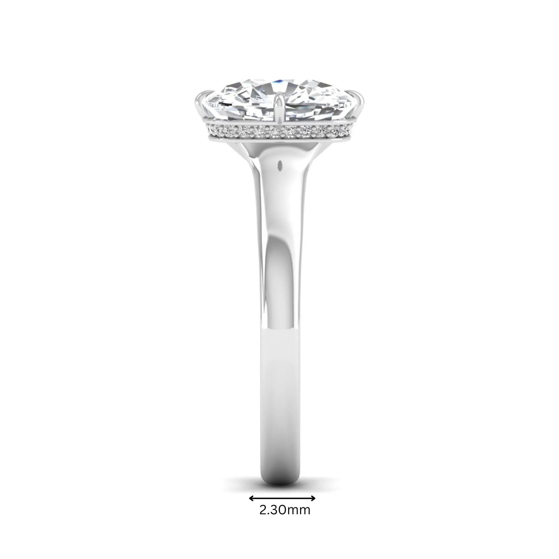 IGI certified cushion cut lab grown diamond solitaire engagement ring with hidden halo in white gold.