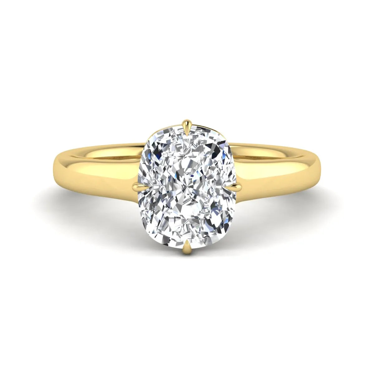 IGI certified cushion cut lab grown diamond solitaire engagement ring with hidden halo in yellow gold.