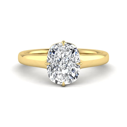 IGI certified cushion cut lab grown diamond solitaire engagement ring with hidden halo in yellow gold.