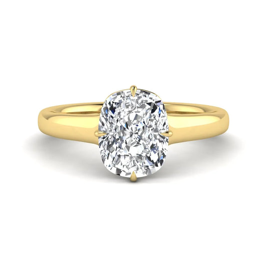 IGI certified cushion cut lab grown diamond solitaire engagement ring with hidden halo in yellow gold.