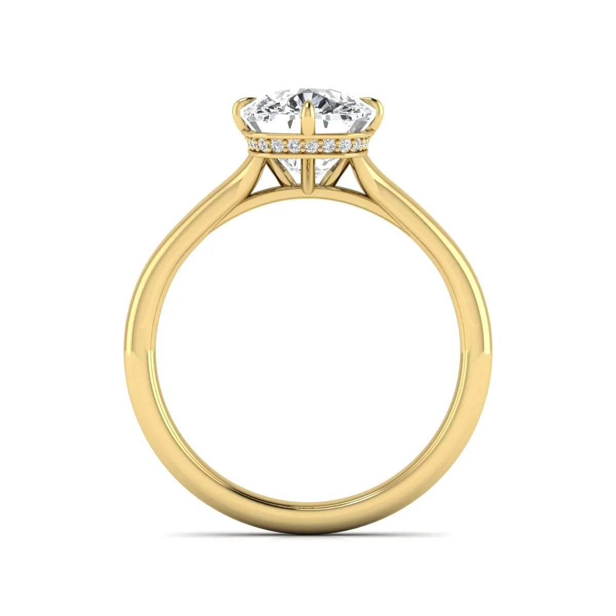 IGI certified cushion cut lab grown diamond solitaire engagement ring with hidden halo in yellow gold.