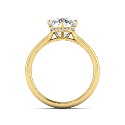 IGI certified cushion cut lab grown diamond solitaire engagement ring with hidden halo in yellow gold.