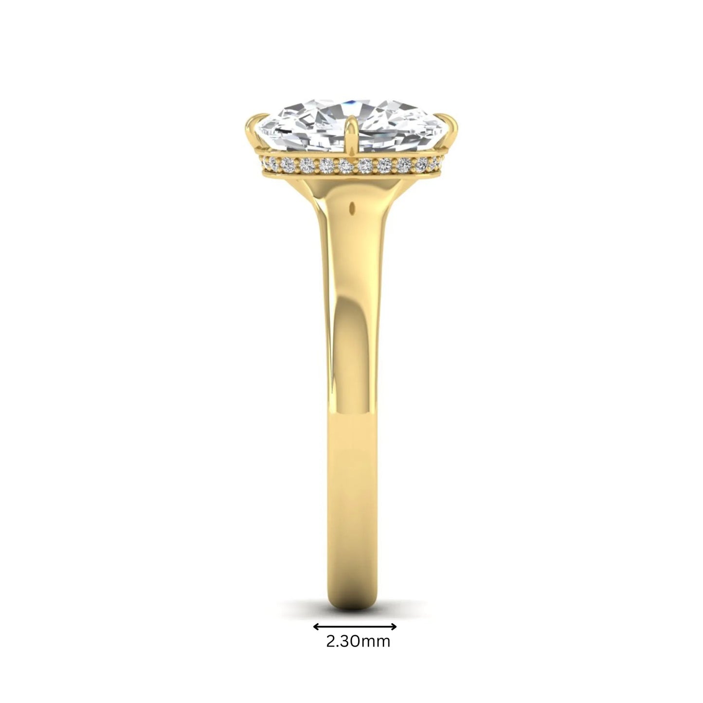 IGI certified cushion cut lab grown diamond solitaire engagement ring with hidden halo in yellow gold.