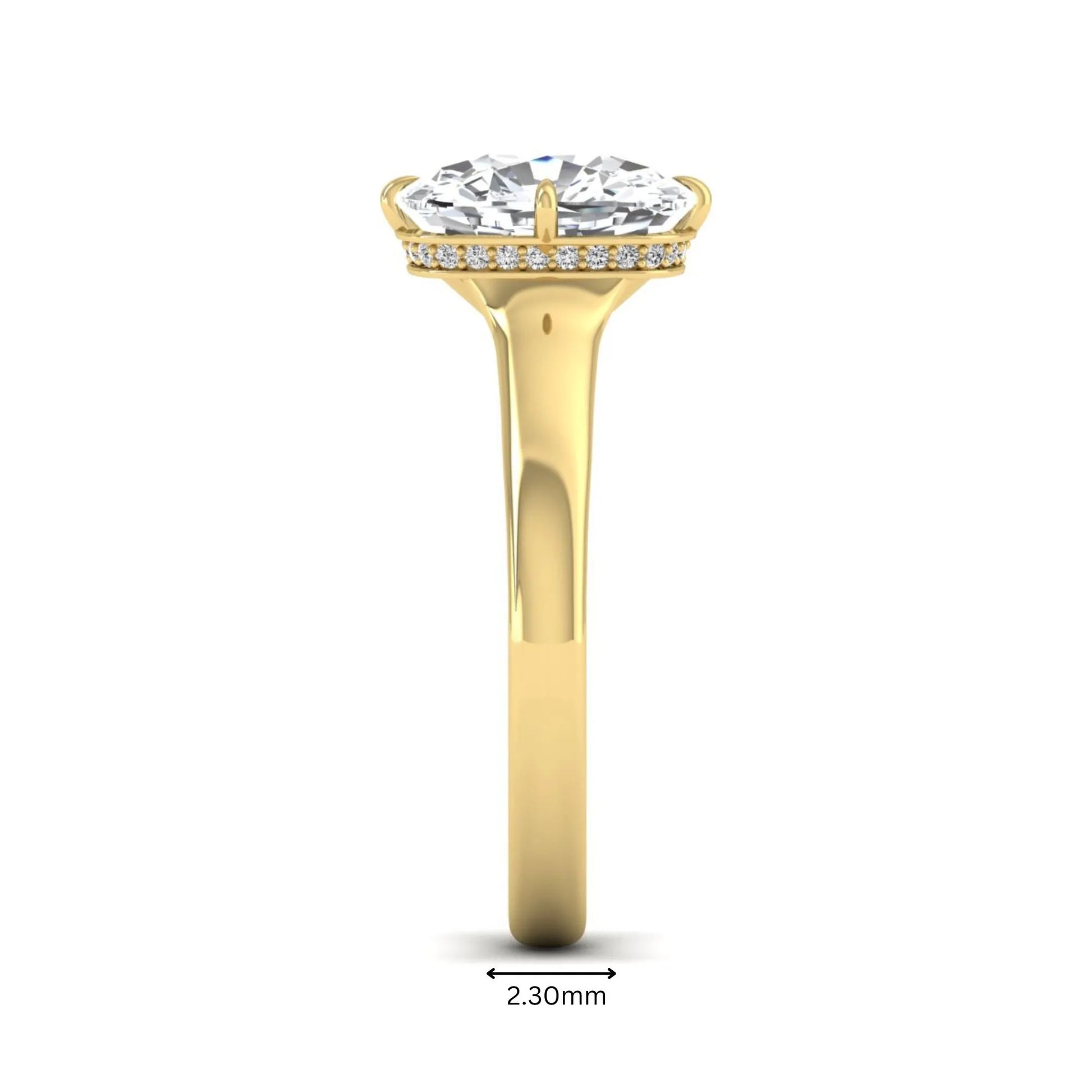 IGI certified cushion cut lab grown diamond solitaire engagement ring with hidden halo in yellow gold.