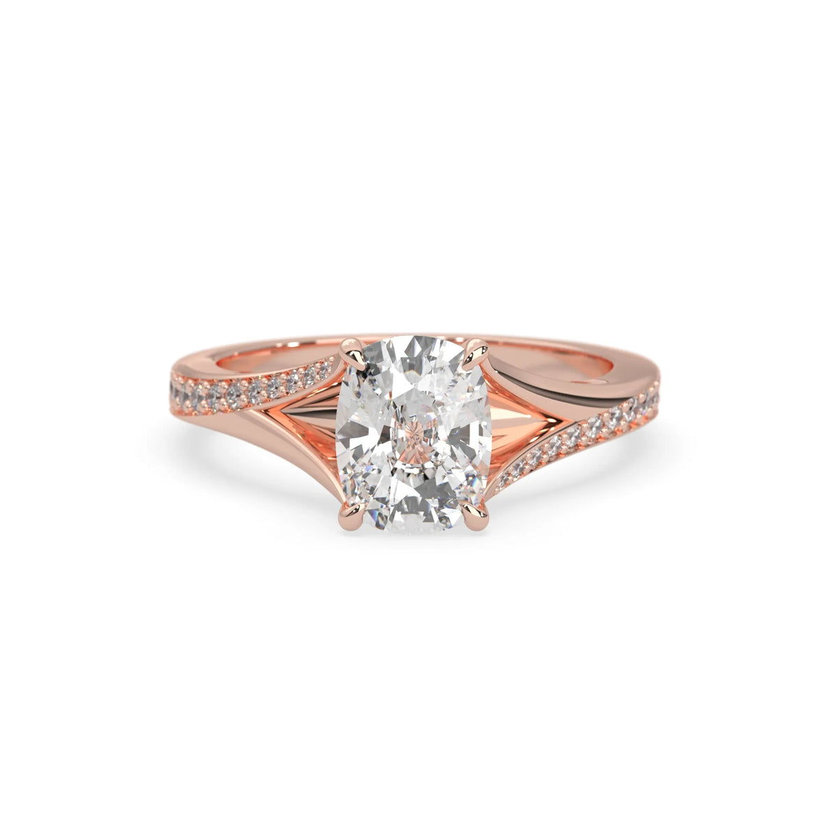 Rose gold ring with a large lab grown diamond and smaller diamonds on the band against a white background