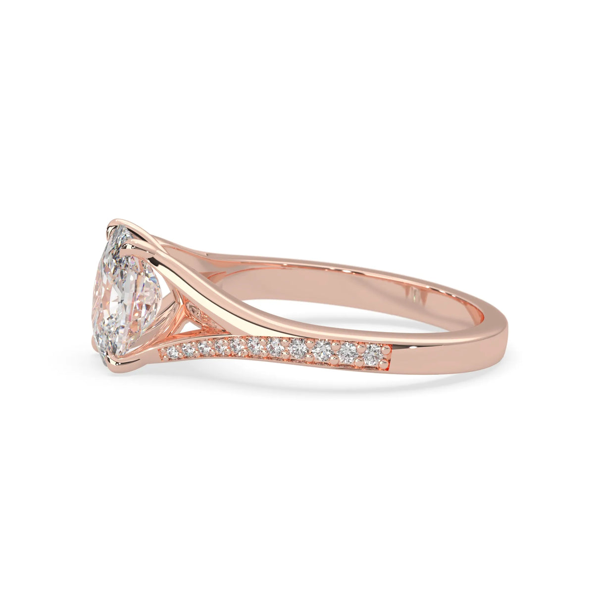 Rose gold ring with a lab grown  diamond on a white background