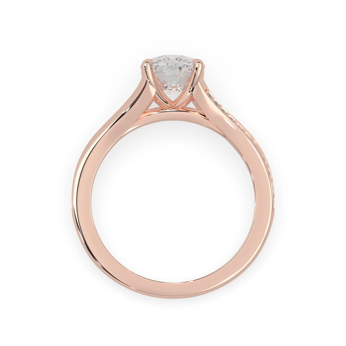 Rose gold ring with a lab grown 
 diamond on a white background