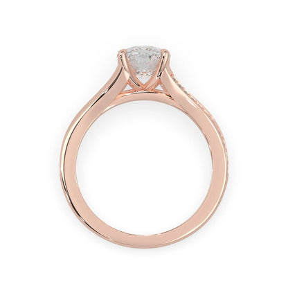 Rose gold ring with a lab grown 
 diamond on a white background