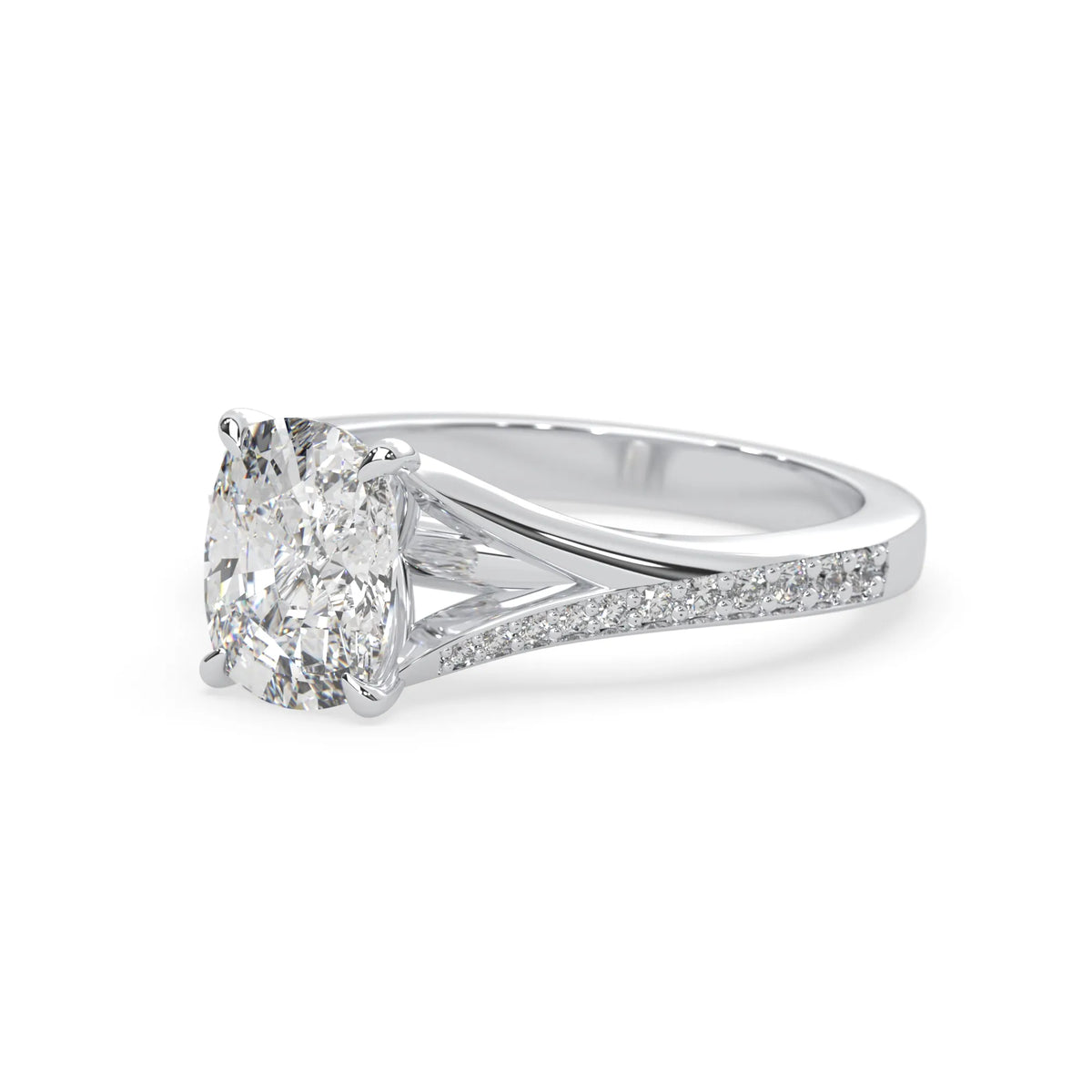 white gold lab grown Diamond ring with a clear gemstone on a white background