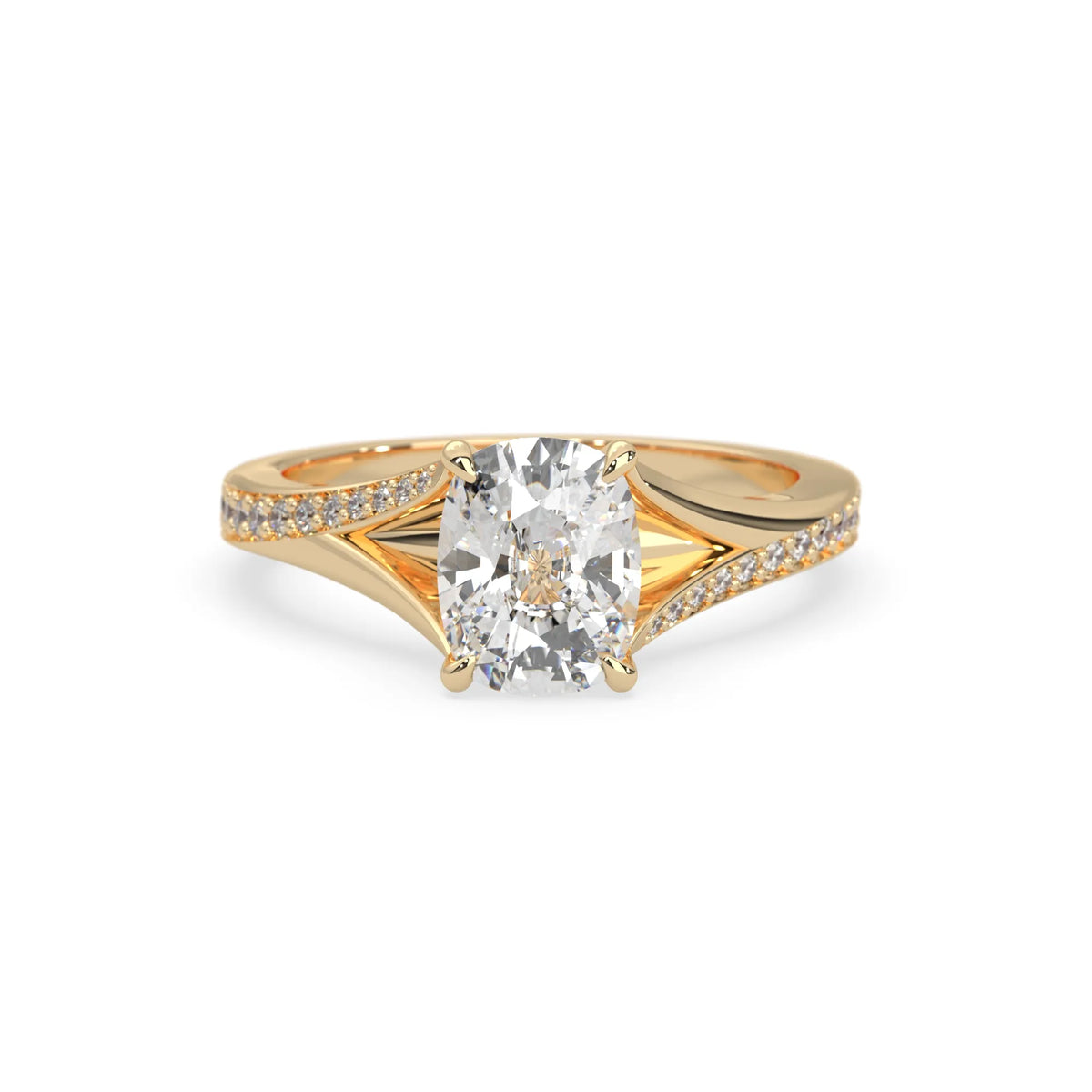 yellow Gold ring with a large diamond and smaller diamonds on the band against a white background