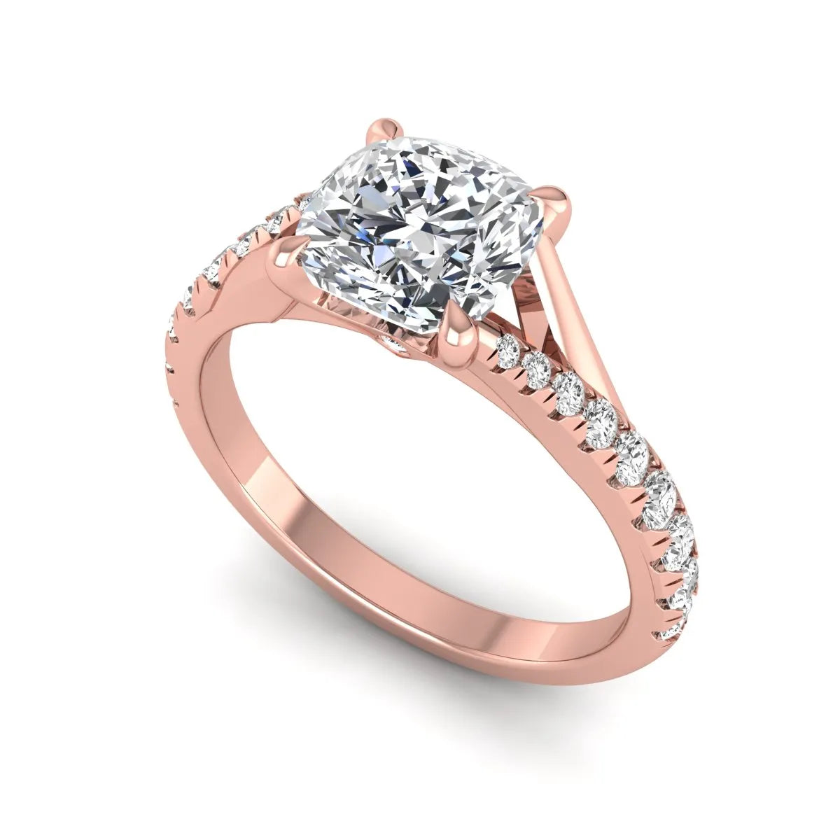 Cushion cut lab grown diamond split shank pavé engagement ring with four-prong setting and rose gold band.