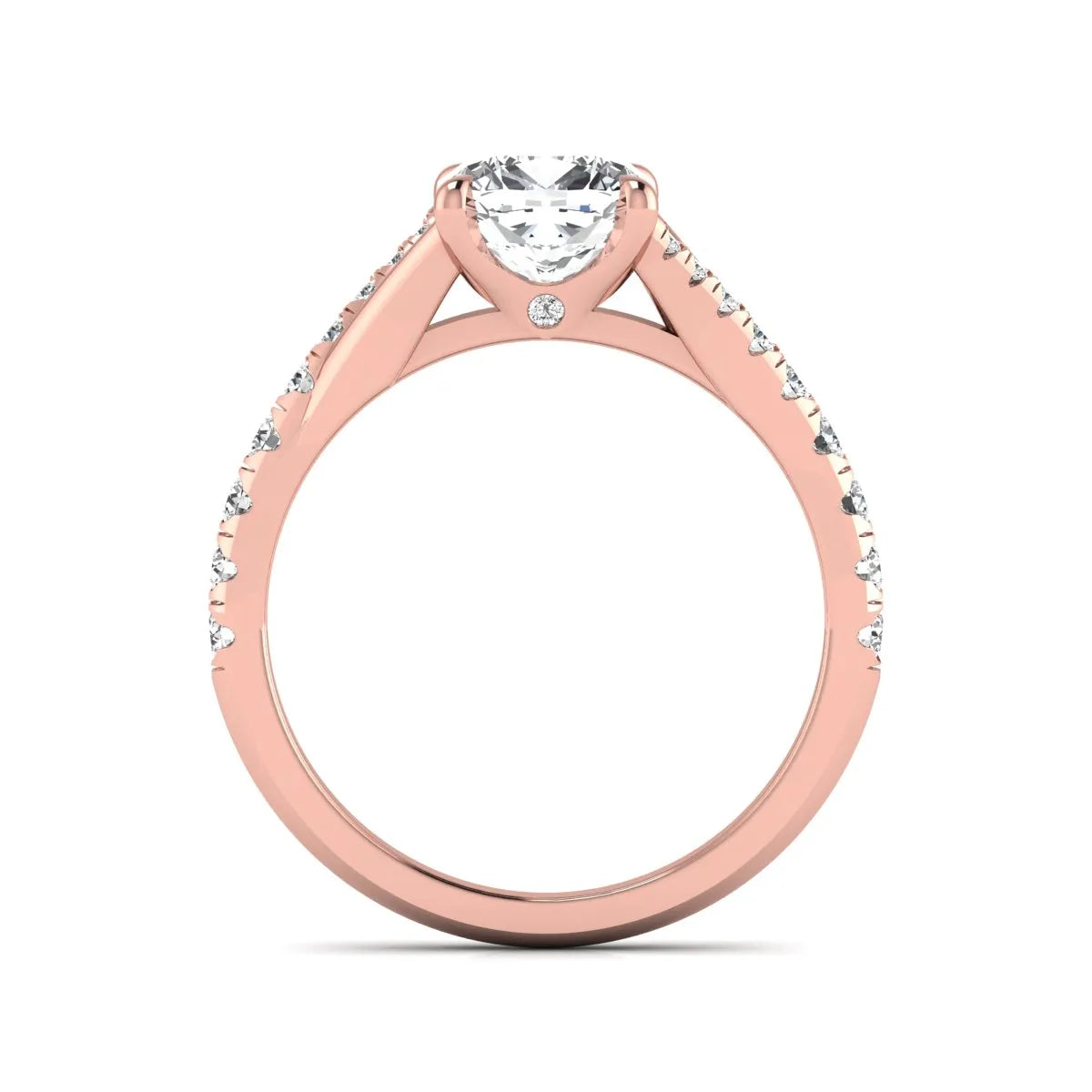 Cushion cut lab grown diamond split shank pavé engagement ring with four-prong setting and rose gold band.