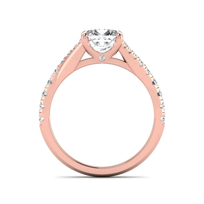 Cushion cut lab grown diamond split shank pavé engagement ring with four-prong setting and rose gold band.